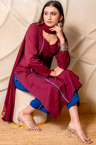 Wine solid kurta with blue pants & dupatta  set of 3