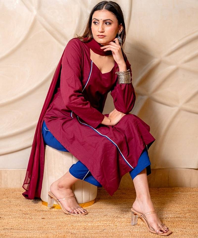 Wine solid kurta with blue pants & dupatta  set of 3