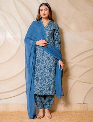 Blue floral printed cotton kurta set with dupatta  set of 3 1