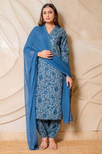 Blue floral printed cotton kurta set with dupatta  set of 3