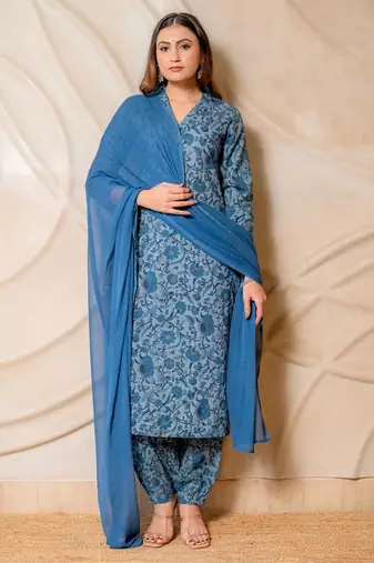 Blue floral printed cotton kurta set with dupatta  set of 3