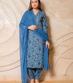 Blue floral printed cotton kurta set with dupatta  set of 3