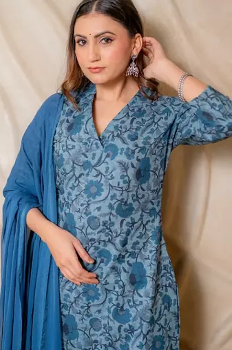 Blue floral printed cotton kurta set with dupatta  set of 3