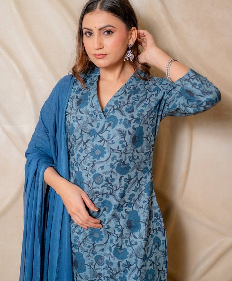 Blue floral printed cotton kurta set with dupatta  set of 3