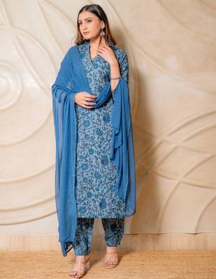 Blue floral printed cotton kurta set with dupatta  set of 3 3