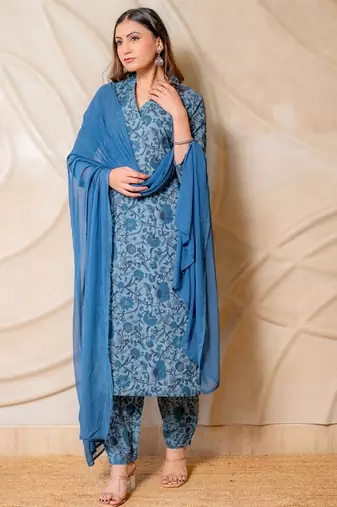 Blue floral printed cotton kurta set with dupatta  set of 3