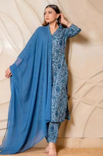 Blue floral printed cotton kurta set with dupatta  set of 3