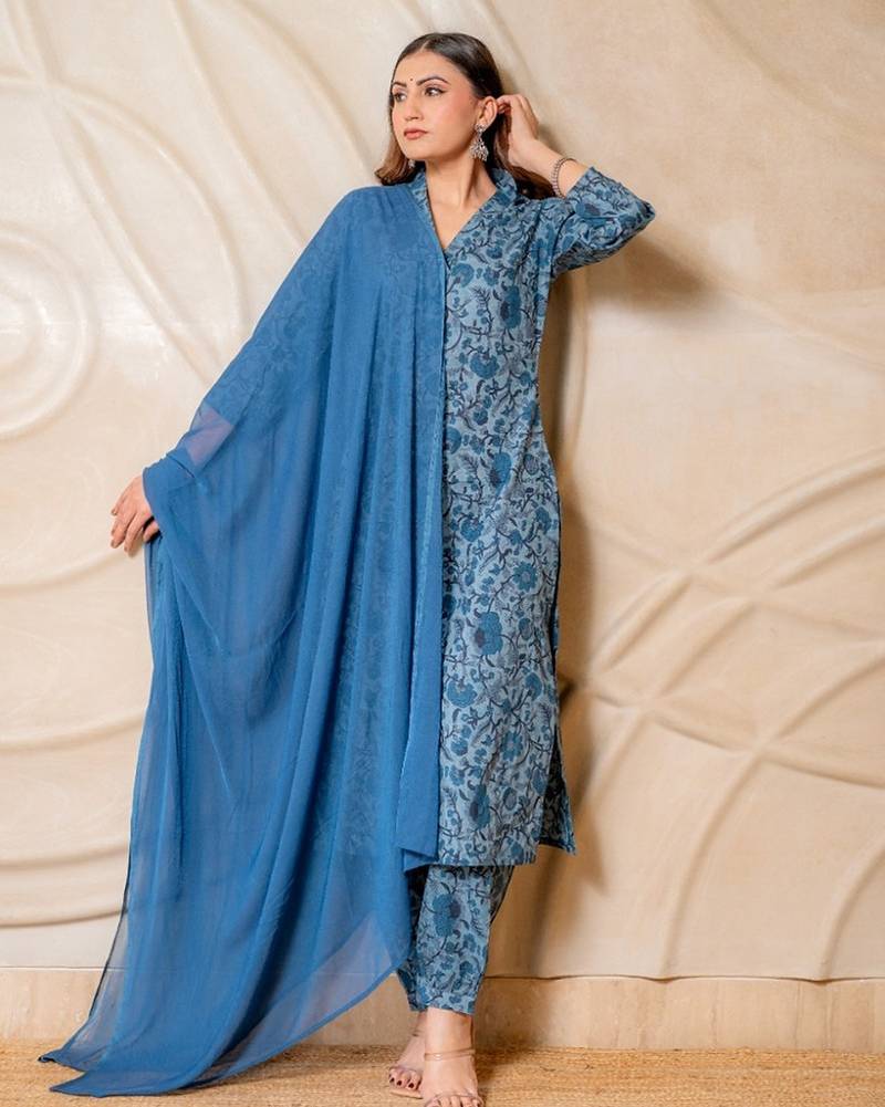 Blue floral printed cotton kurta set with dupatta  set of 3