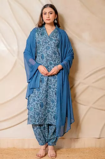 Blue floral printed cotton kurta set with dupatta  set of 3