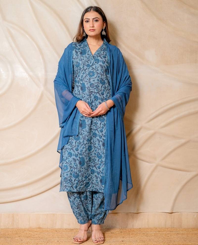 Blue floral printed cotton kurta set with dupatta  set of 3