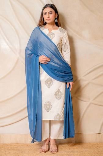 Off white printed straight kurta with pants & blue dupatta  set of 3