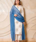 Off white printed straight kurta with pants & blue dupatta  set of 3