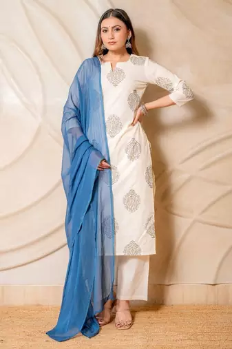 Off white printed straight kurta with pants & blue dupatta  set of 3