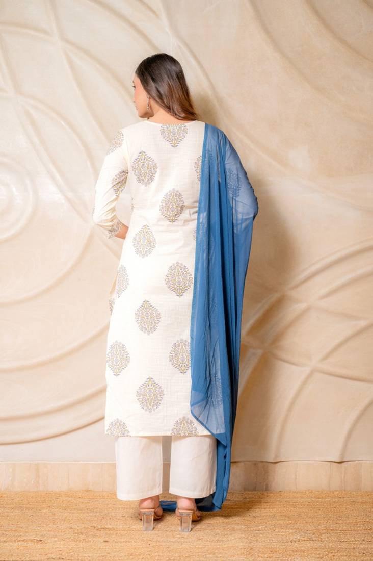 Off white printed straight kurta with pants & blue dupatta  set of 3