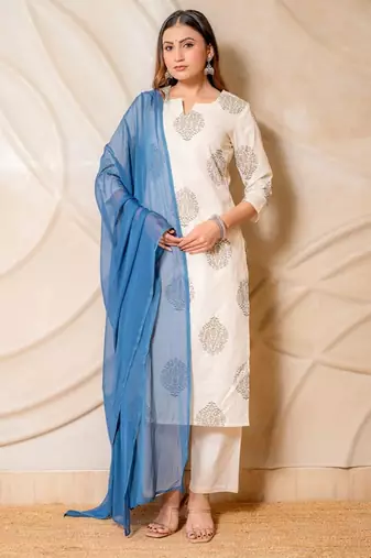 Off white printed straight kurta with pants & blue dupatta  set of 3