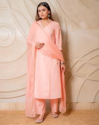 Peach solid cotton wrap style kurta with pants & dupatta  set of 3 1