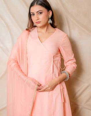 Peach solid cotton wrap style kurta with pants & dupatta  set of 3 2