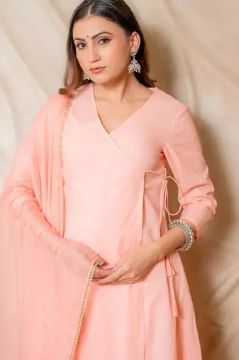 Peach solid cotton wrap style kurta with pants & dupatta  set of 3