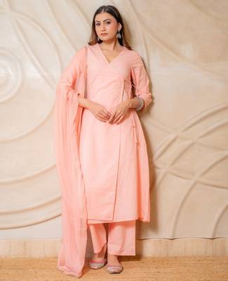 Peach solid cotton wrap style kurta with pants & dupatta  set of 3 3