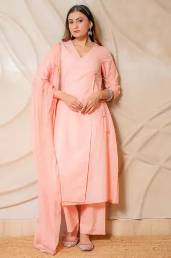 Peach solid cotton wrap style kurta with pants & dupatta  set of 3
