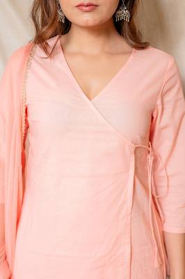 Peach solid cotton wrap style kurta with pants & dupatta  set of 3 4