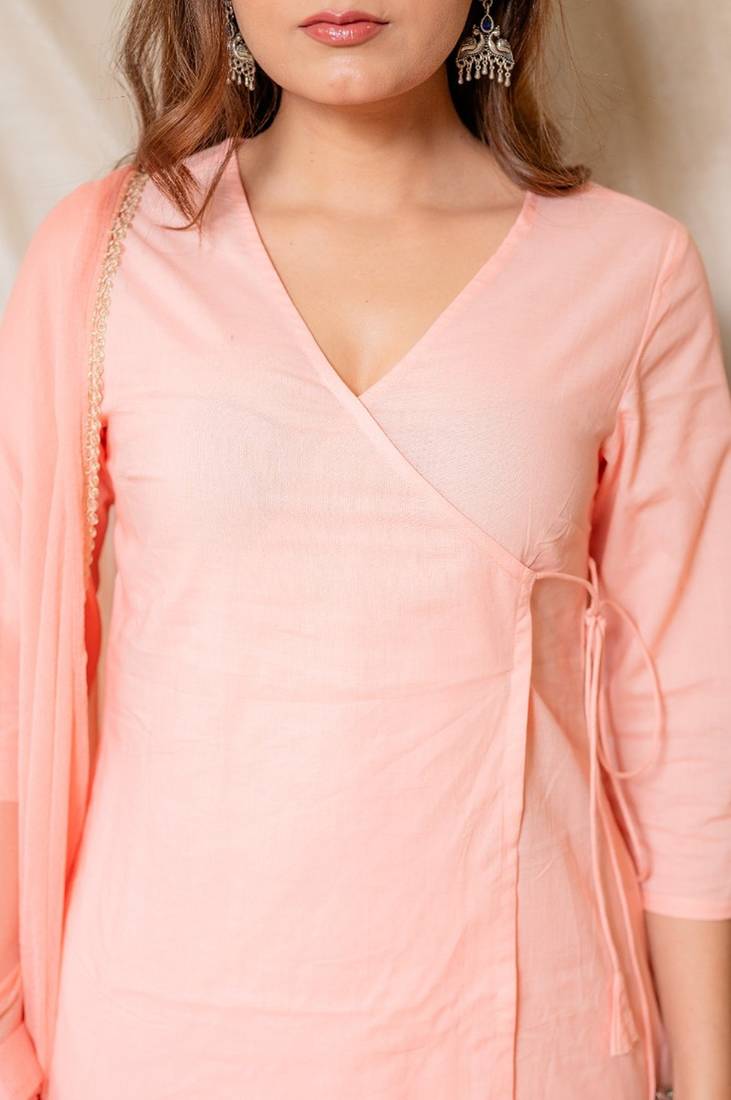 Peach solid cotton wrap style kurta with pants & dupatta  set of 3