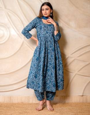 Steel blue floral printed kurta with pants & dupatta  set of 3 1