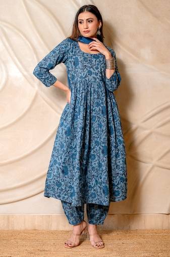 Steel blue floral printed kurta with pants & dupatta  set of 3