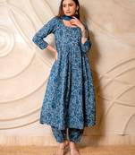 Steel blue floral printed kurta with pants & dupatta  set of 3
