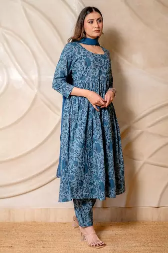 Steel blue floral printed kurta with pants & dupatta  set of 3