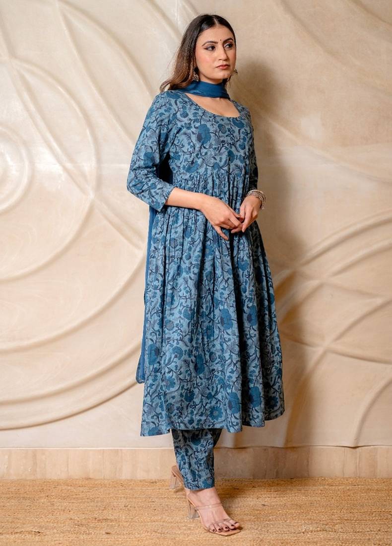 Steel blue floral printed kurta with pants & dupatta  set of 3