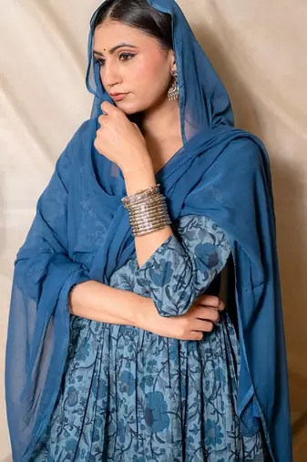 Steel blue floral printed kurta with pants & dupatta  set of 3