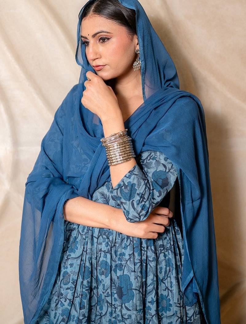 Steel blue floral printed kurta with pants & dupatta  set of 3