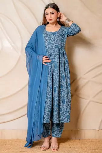 Steel blue floral printed kurta with pants & dupatta  set of 3
