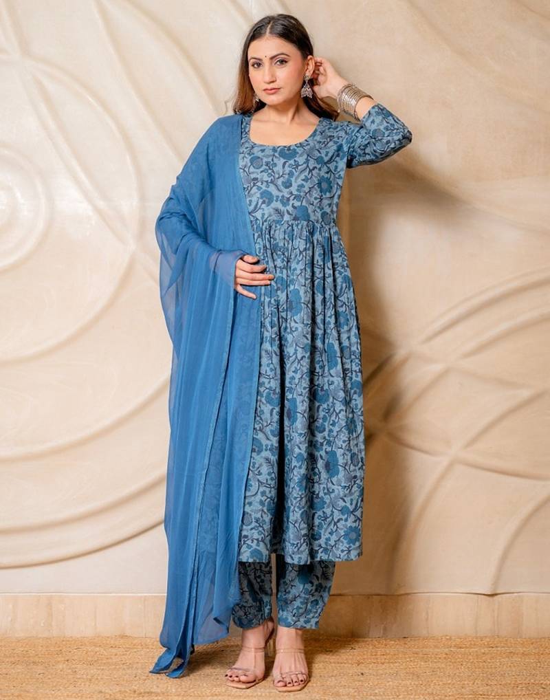 Steel blue floral printed kurta with pants & dupatta  set of 3