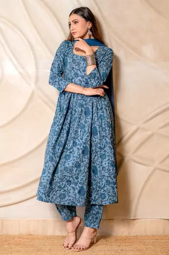Steel blue floral printed kurta with pants & dupatta  set of 3