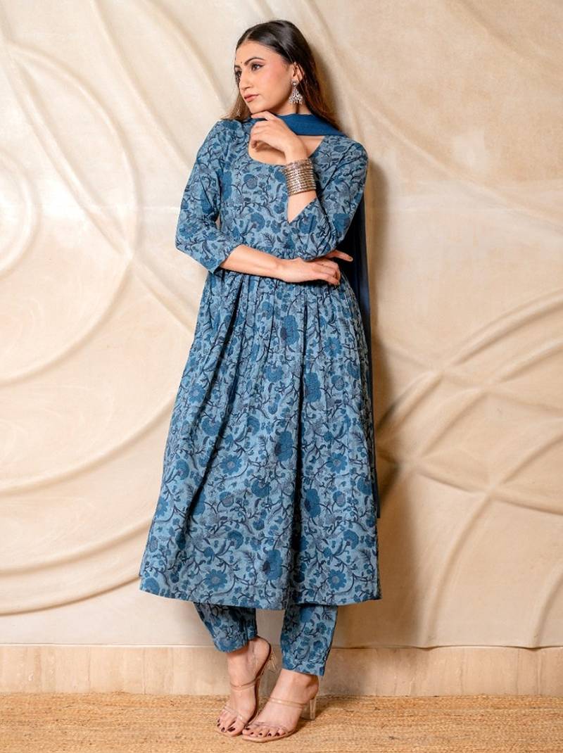 Steel blue floral printed kurta with pants & dupatta  set of 3