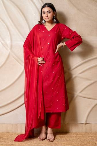Red embellished cotton kurta with straight pants & dupatta  set of 3