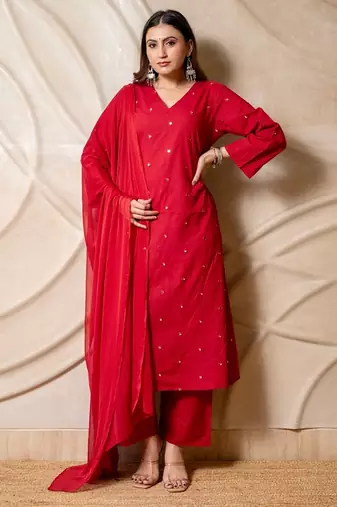 Red embellished cotton kurta with straight pants & dupatta  set of 3