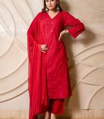 Red embellished cotton kurta with straight pants & dupatta  set of 3