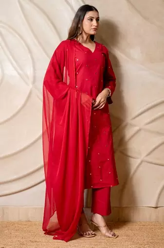 Red embellished cotton kurta with straight pants & dupatta  set of 3