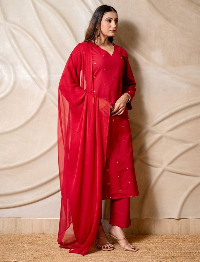 Red embellished cotton kurta with straight pants & dupatta  set of 3