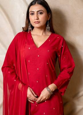 Red embellished cotton kurta with straight pants & dupatta  set of 3 3