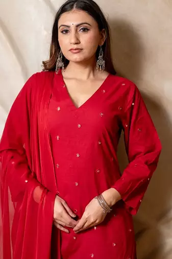 Red embellished cotton kurta with straight pants & dupatta  set of 3