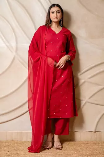 Red embellished cotton kurta with straight pants & dupatta  set of 3
