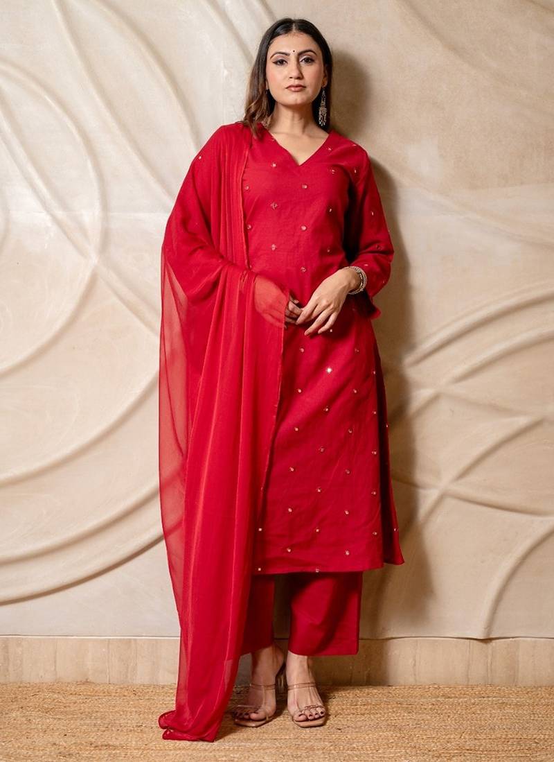 Red embellished cotton kurta with straight pants & dupatta  set of 3
