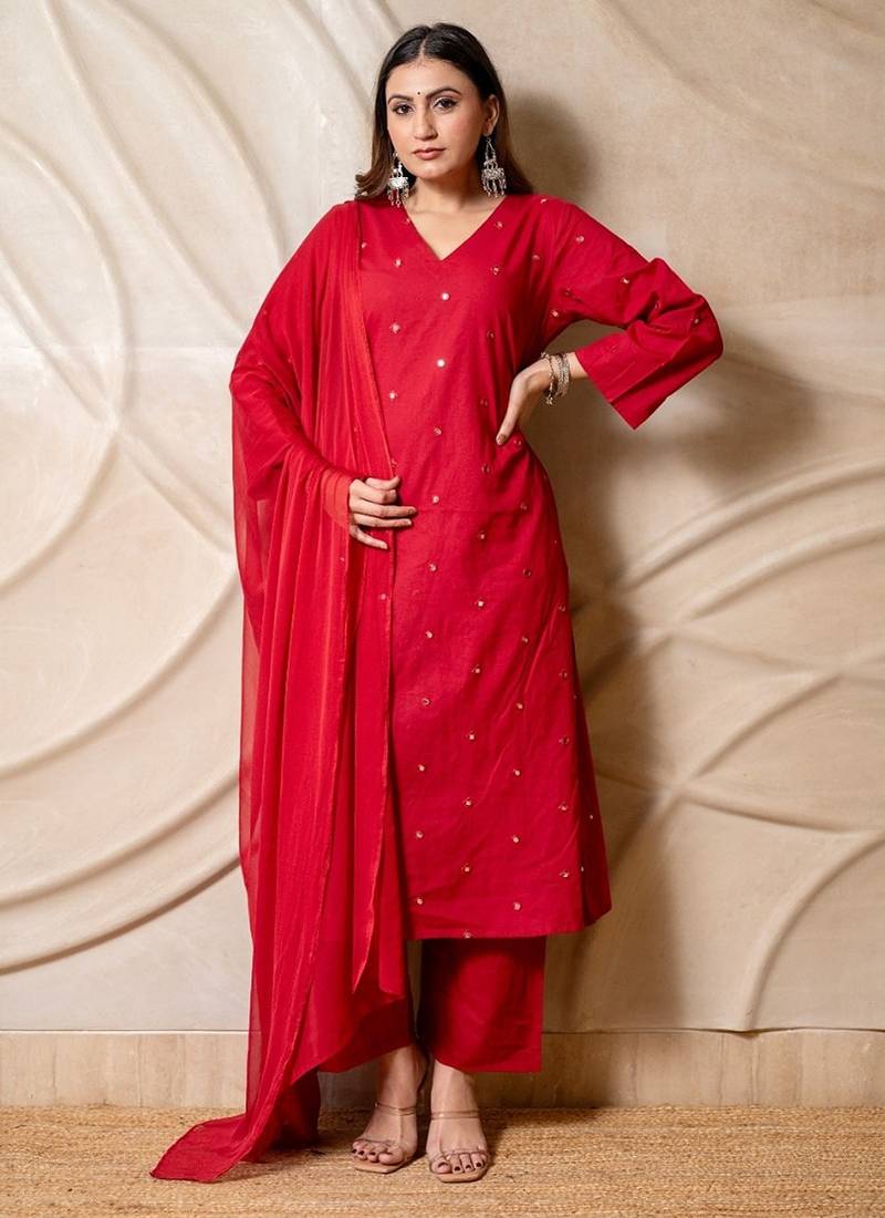 Red embellished cotton kurta with straight pants & dupatta  set of 3