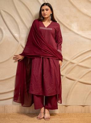 Wine solid cotton kurta with straight pants & dupatta  set of 3 1