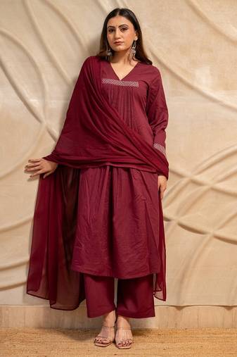 Wine solid cotton kurta with straight pants & dupatta  set of 3