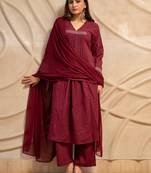 Wine solid cotton kurta with straight pants & dupatta  set of 3